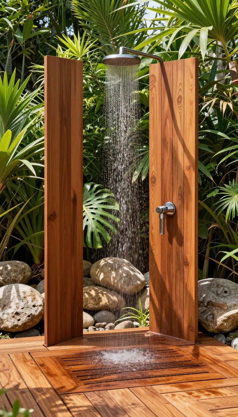Outdoor shower with cedar decking floor surrounded by plants