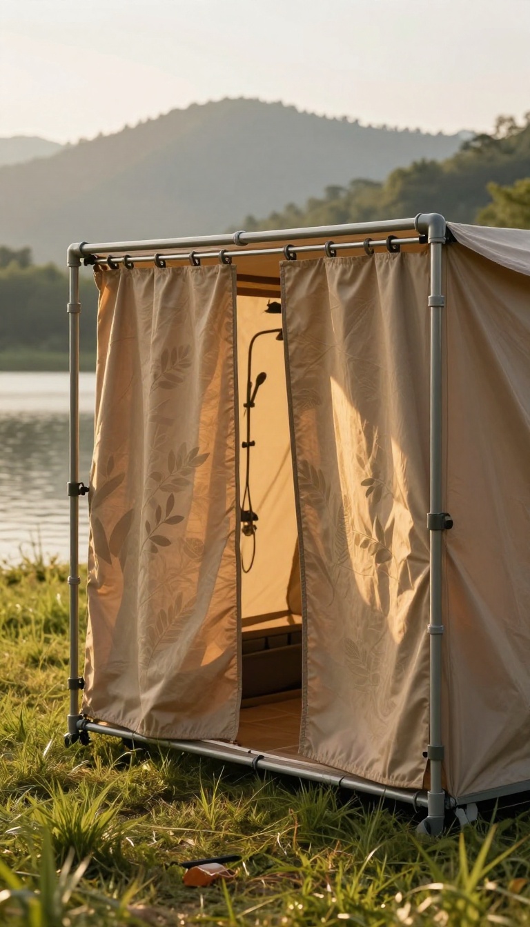 DIY privacy shelter with a scenic mountain view, made of PVC pipes and an earthy shower curtain