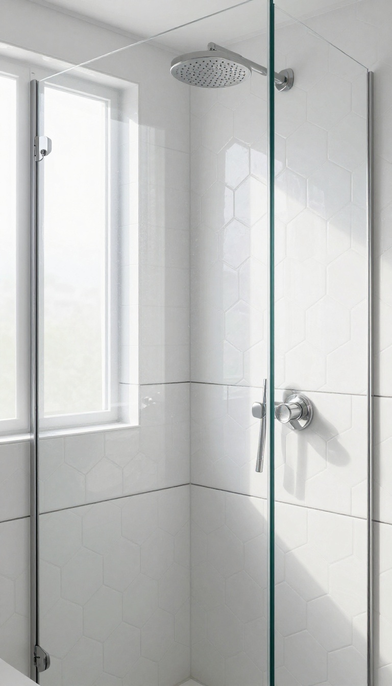 Modern shower with white hexagon tiles and dark contrasting grout