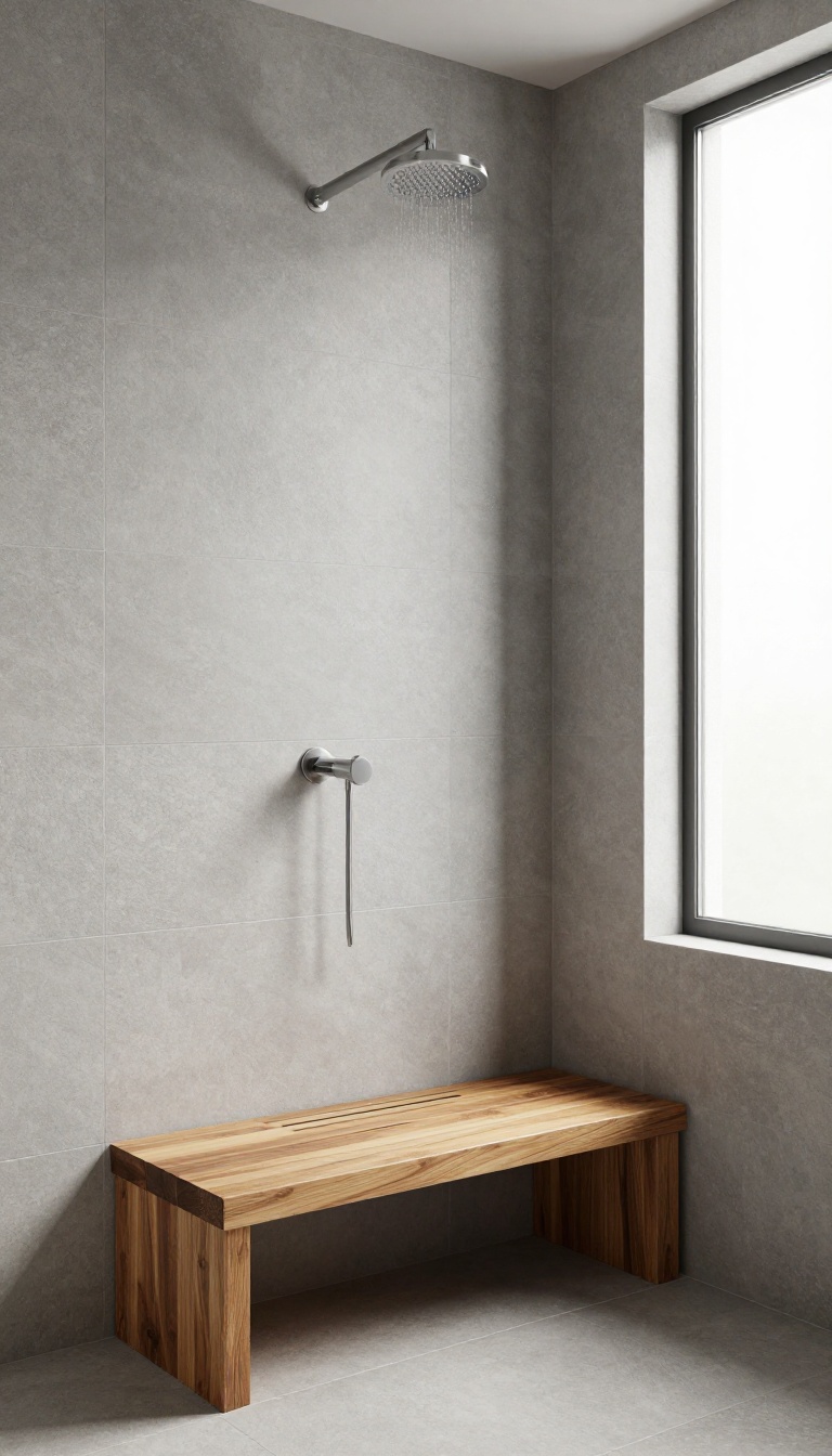 Cabin shower with built-in teak bench, natural light, stone tiles