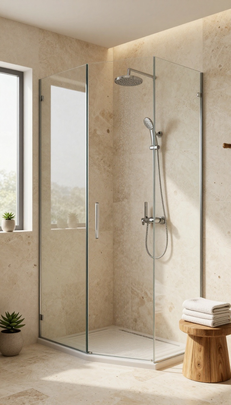 Natural stone shower with travertine tiles and slate floor in warm light