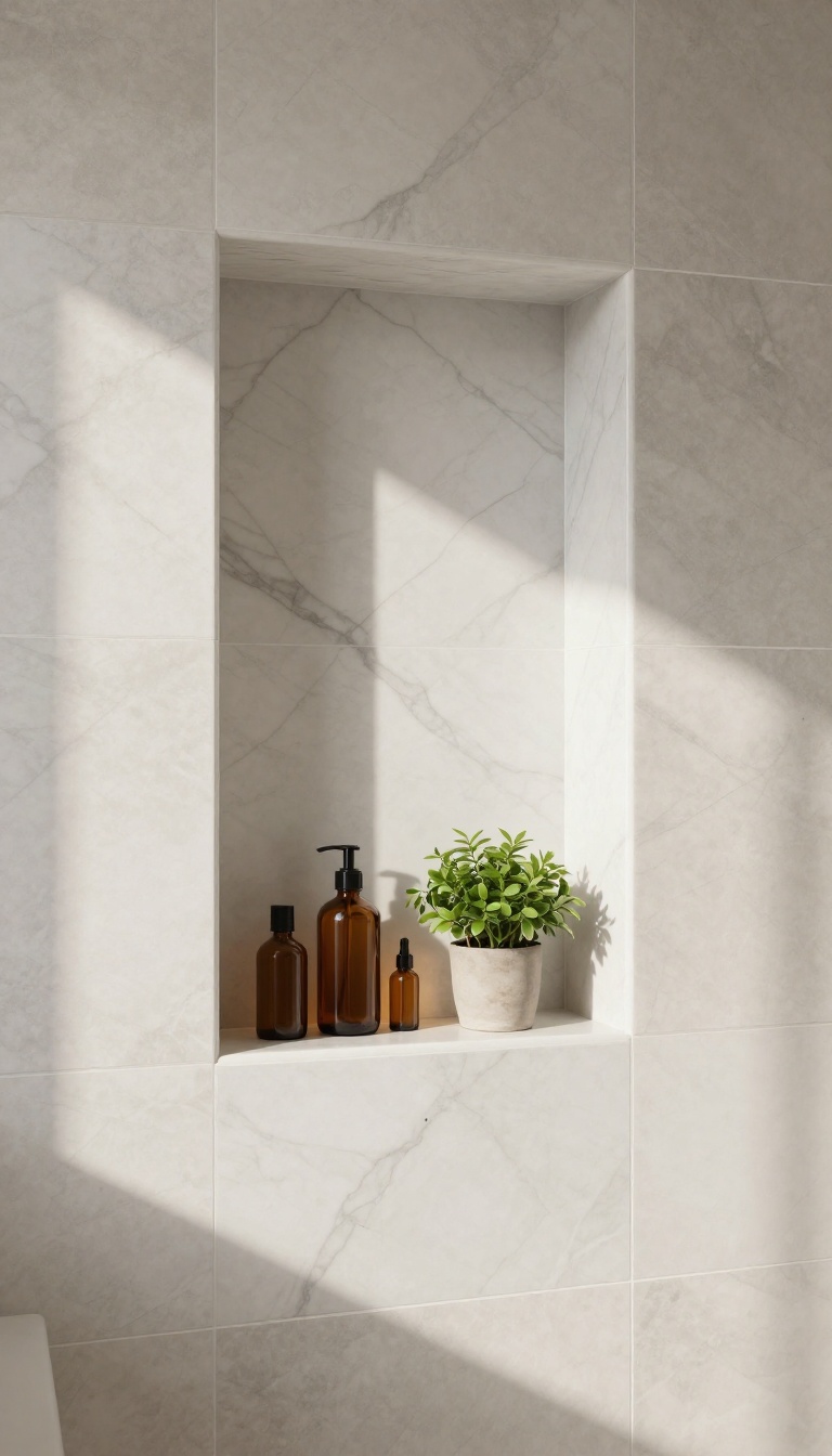 Modern shower niche with marble accent tile, minimalist bottles, and a small plant, in a bright bathroom