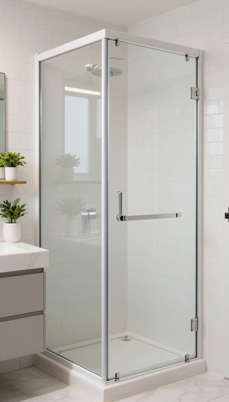 High-gloss white framed shower enclosure in a bright, clean bathroom with white tiles and natural light.