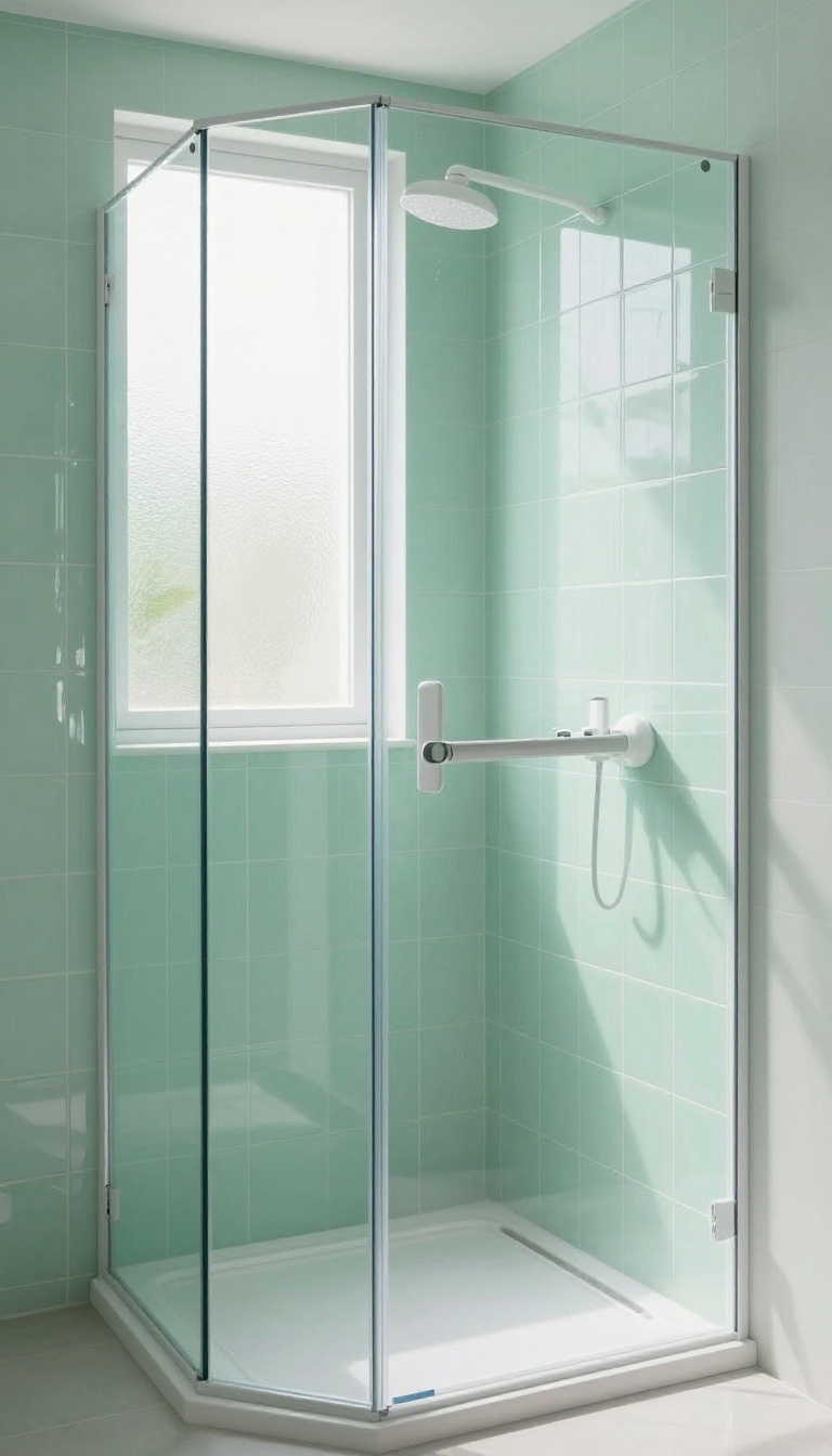 Small shower with seafoam green glass tiles reflecting light, creating an airy and open feel.