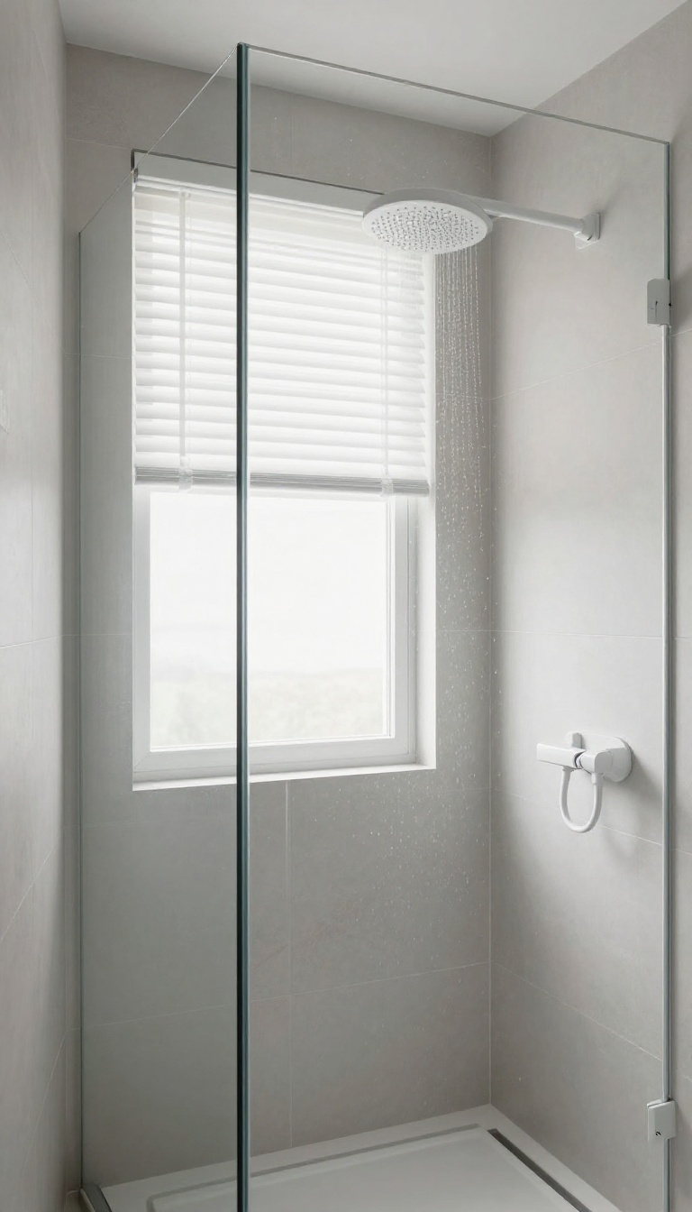 Modern bathroom shower with a window fitted with white faux wood blinds, allowing natural light to filter through.