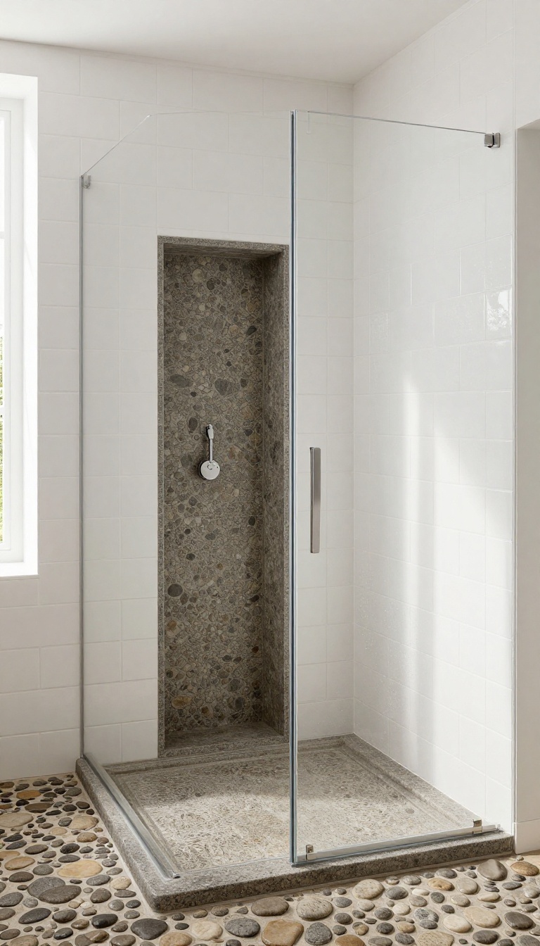 Walk-in shower with white subway tile, pebble stone floor, and slate niche