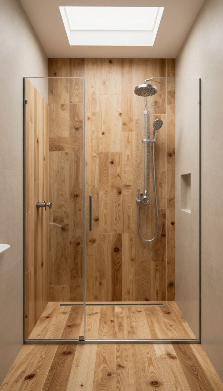 Modern shower with wood-look porcelain tile floor, warm and inviting
