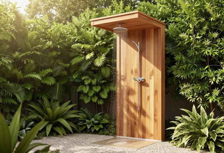 Outdoor shower with teak wood and rainfall showerhead in a lush backyard