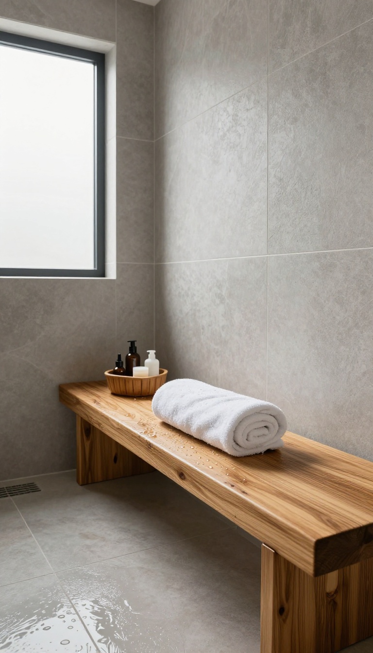A modern spa shower featuring a built-in teak bench with a rolled towel and bath products, illuminated by natural light.