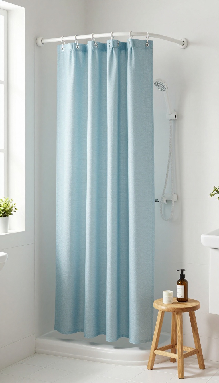 A tension rod with a light blue shower curtain in a compact, bright bathroom corner, showing a functional and stylish shower setup without permanent fixtures.