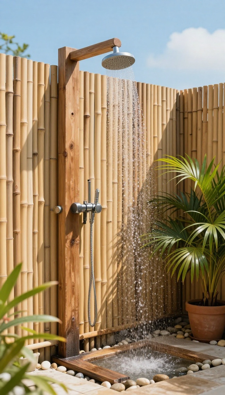 Outdoor shower with bamboo screen privacy wall and potted palms in a sunny backyard