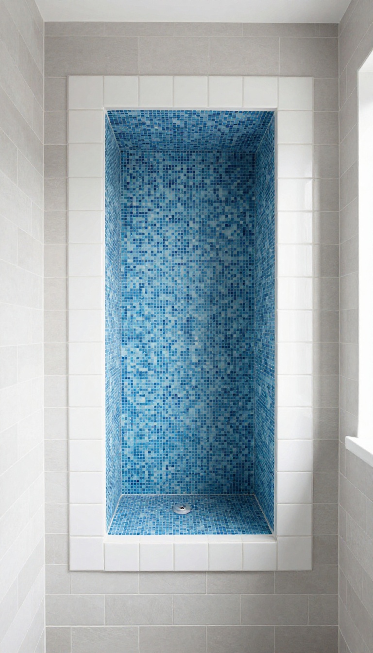 Blue tile shower niche with a contrasting white frame in a modern bathroom