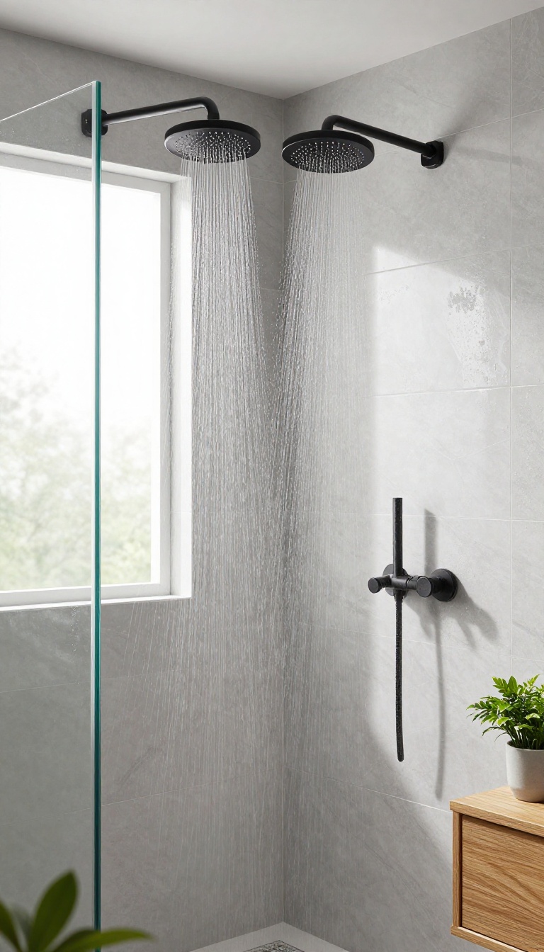 Eco-friendly double showerhead setup with low-flow rain showerheads in a bright, modern bathroom