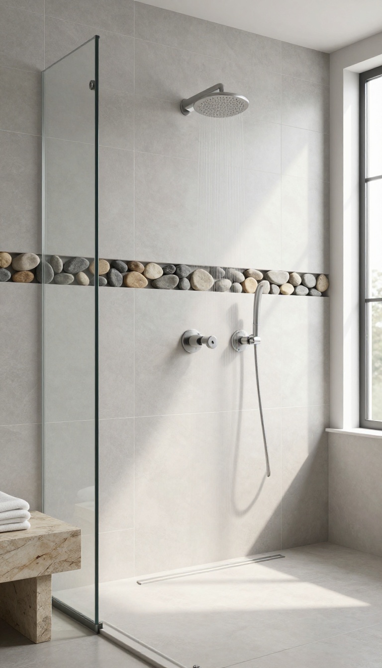Modern shower with a horizontal river rock accent strip in a tiled wall