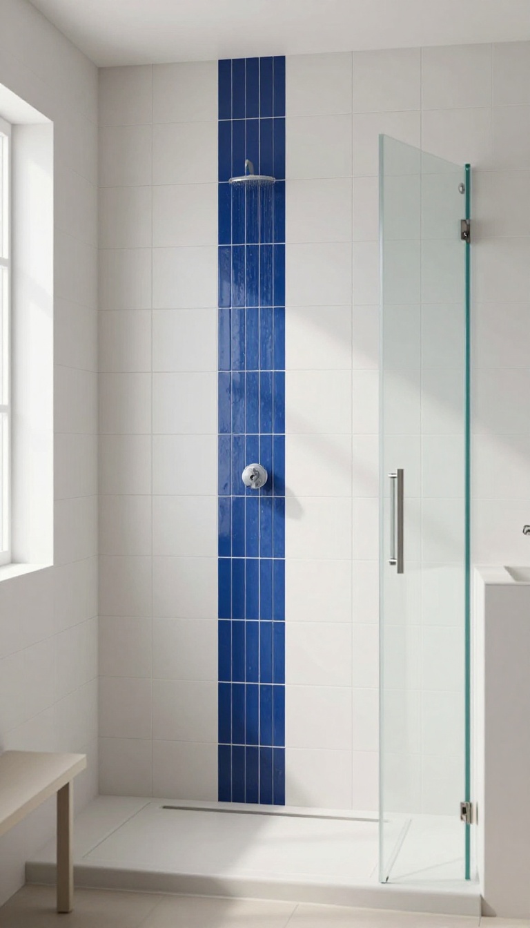 Modern shower with a vertical blue tile accent strip on a white tile wall