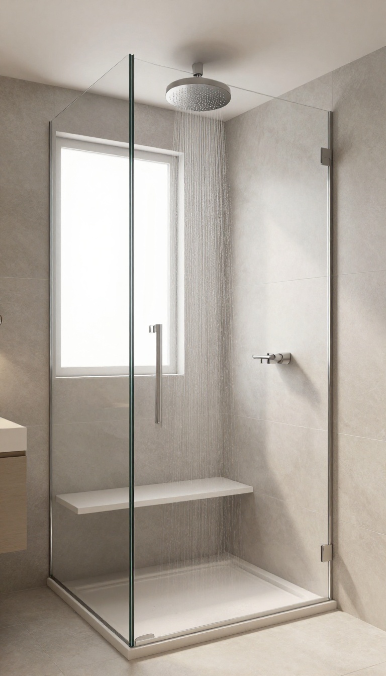 Small modern bathroom with a ceiling-mounted rainfall showerhead in a glass-enclosed shower, featuring light gray tiles and natural light.