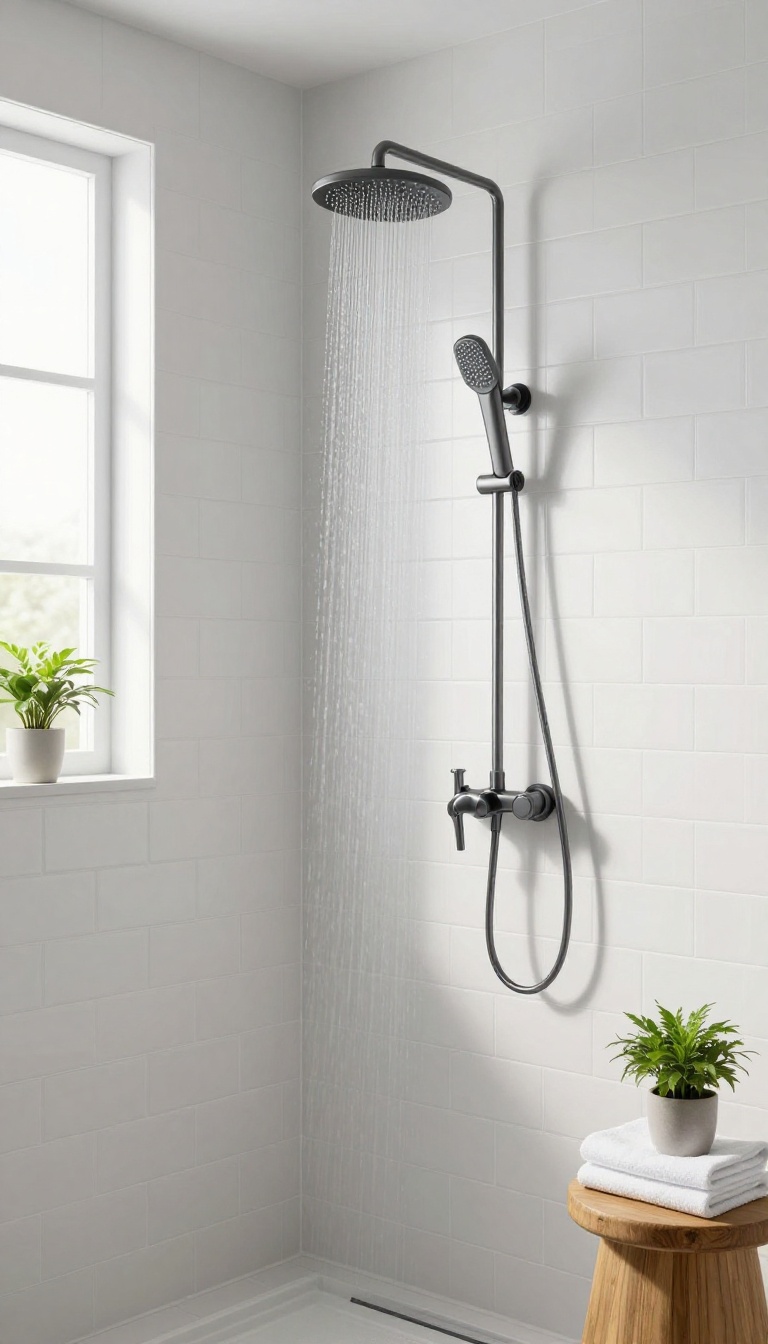 Modern bathroom shower with vertically stacked white subway tiles, matte black fixtures, and bright natural light