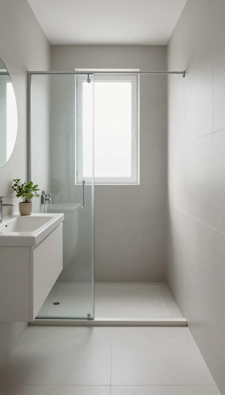 Small bathroom with a walk-in shower featuring a frameless glass panel and linear drain, creating an open, airy feel.