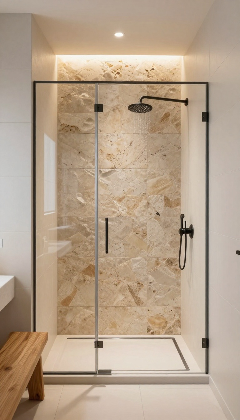 Stand-up shower with natural stone accent wall, teak bench, and matte black fixtures in a warm, spa-like bathroom.