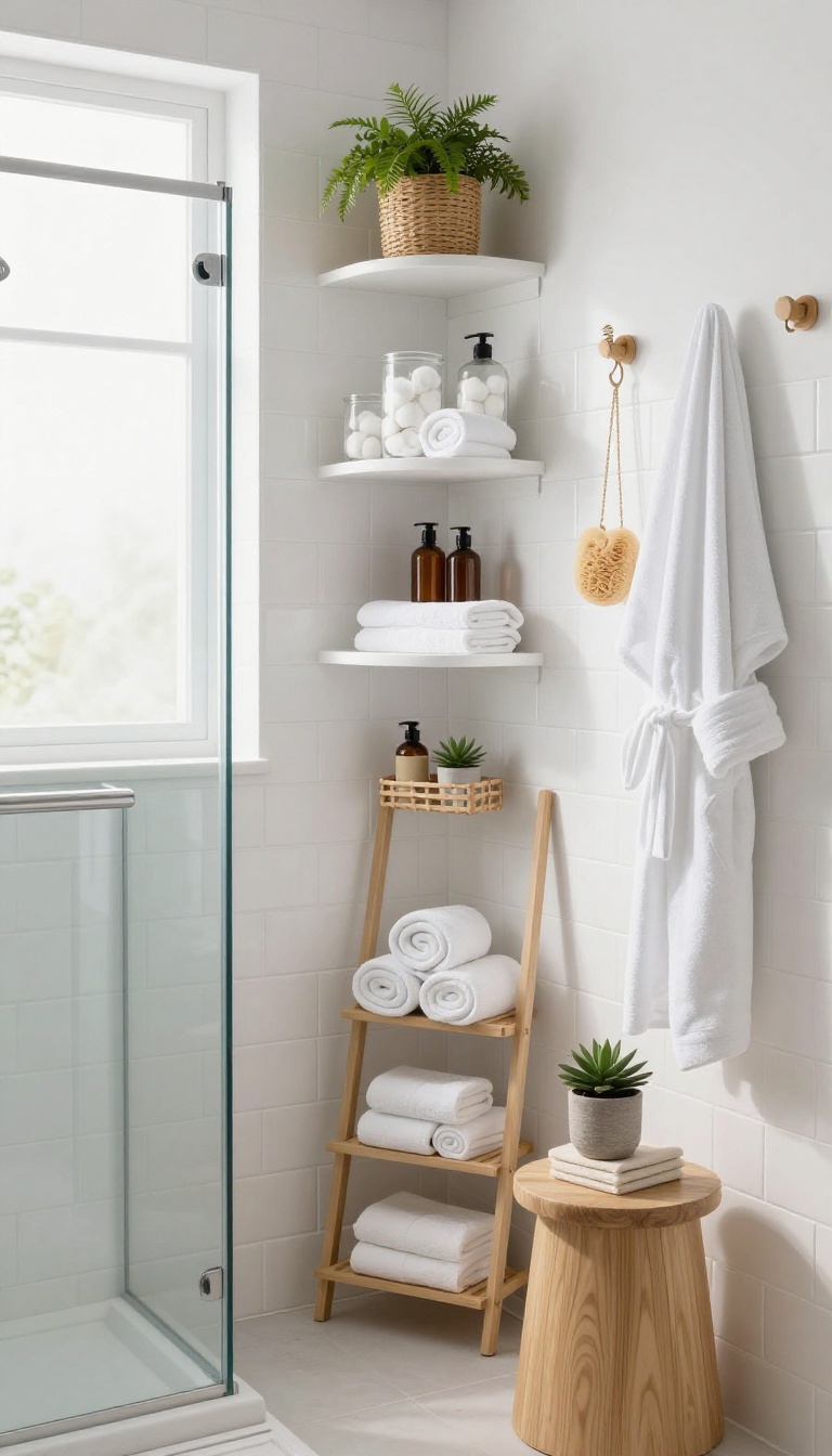 Small shower room with vertical storage using tall shelving, ladder shelf, and wall-mounted baskets
