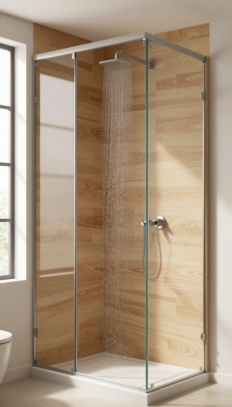 Modern bathroom shower with large wood-look porcelain tiles in warm oak tone, creating a cozy, spa-like atmosphere.