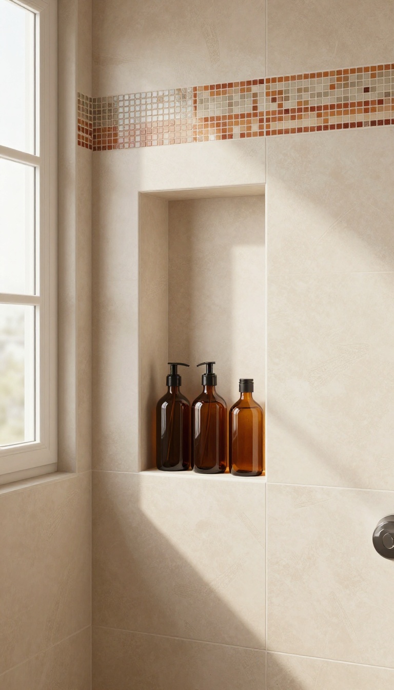 Shower niche with mosaic border in warm earthy tones
