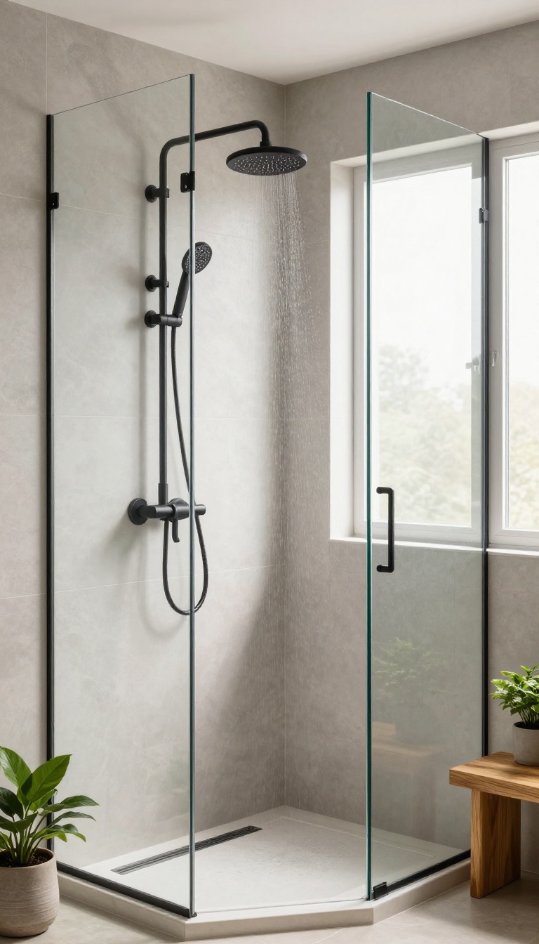 Large walk-in shower with matte black fixtures, light gray tiles, and clear glass, styled with a wooden bench and plant.
