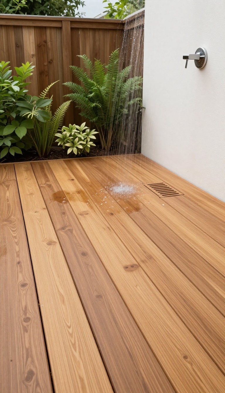 Outdoor shower floor made of recycled composite decking boards in a sunny backyard