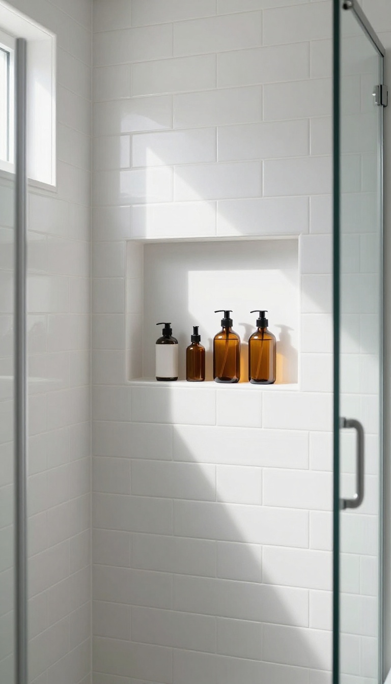 Recessed shelving inside a small shower, providing built-in storage for toiletries in a bright, minimalist bathroom.
