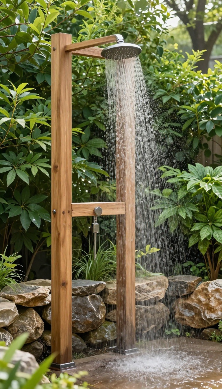 Outdoor shower with rain can head mounted on wooden frame in a garden setting
