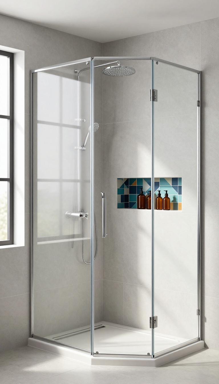 Modern bathroom shower enclosure with a tiled shower niche featuring contrasting mosaic tiles and shampoo bottles, illuminated by natural light.