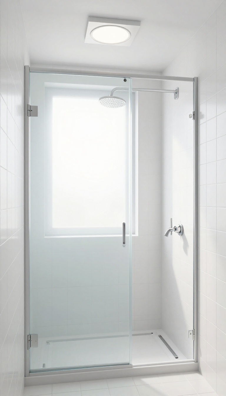 Modern small shower cubicle with recessed ceiling light and natural daylight