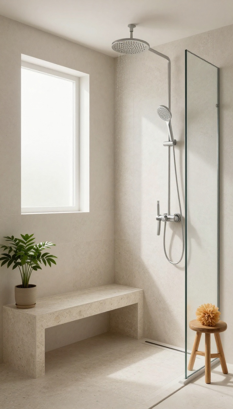 Modern walk-in shower with a built-in stone bench in the corner, featuring a rainfall showerhead and natural light, creating a spa-like atmosphere.