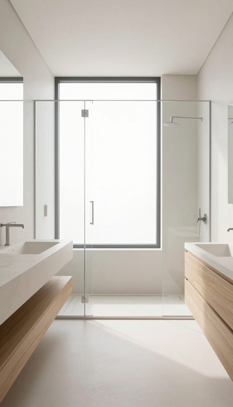 Curbless walk-in shower with linear drain in a bright, modern minimalist bathroom