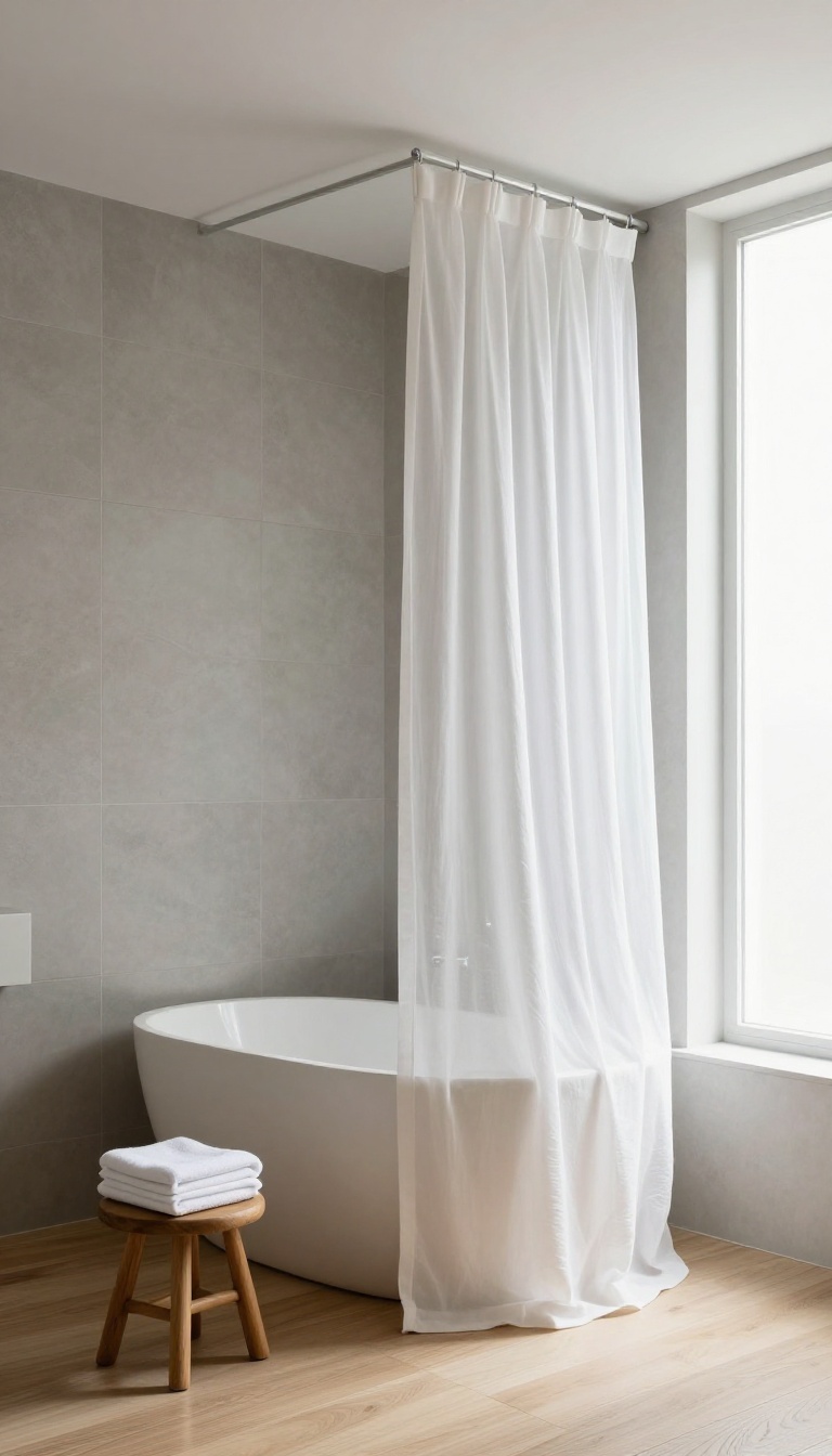 Floating white linen shower curtain on a flush ceiling track in a bright minimal bathroom