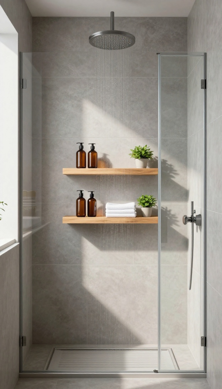 Floating teak shelves inside a modern glass shower enclosure with toiletries and a plant