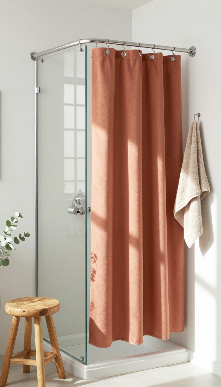 A modern bathroom with a glass shower door and a seasonal terracotta and green shower curtain, styled for fall.