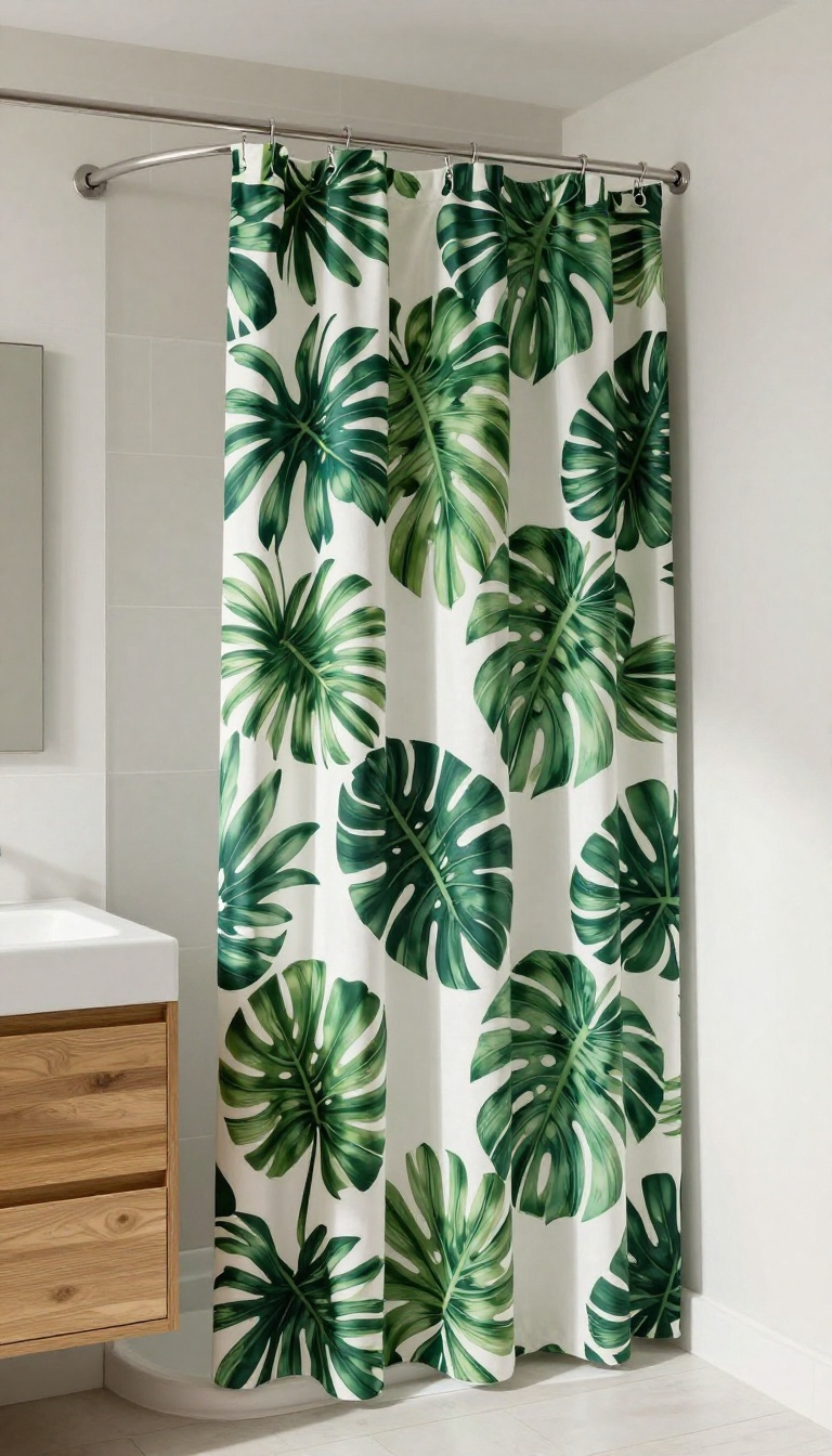 Extra-long shower curtain with bold tropical leaf pattern in a bright, modern bathroom