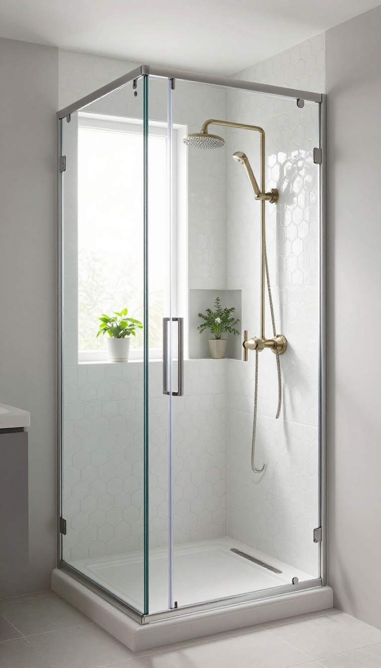 Small shower with white penny tiles and charcoal grout, featuring a glass door and a plant in a niche.