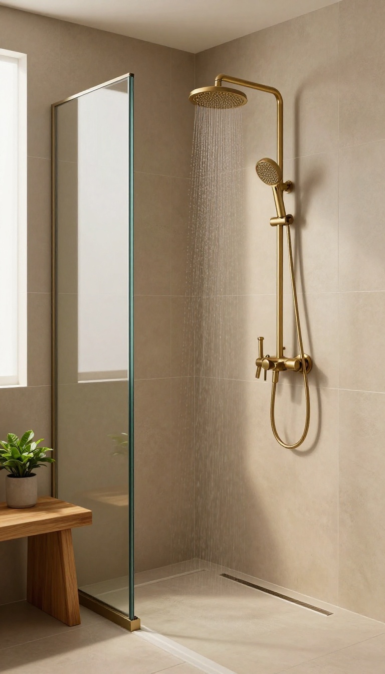 Modern shower with warm taupe matte ceramic tiles, brushed brass fixtures, and natural light