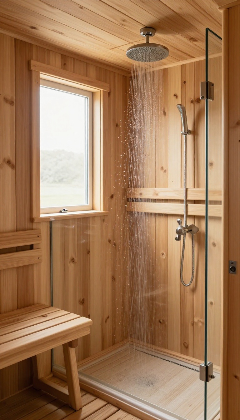 Cedar plank walls in a cabin shower with natural light and a rainfall showerhead