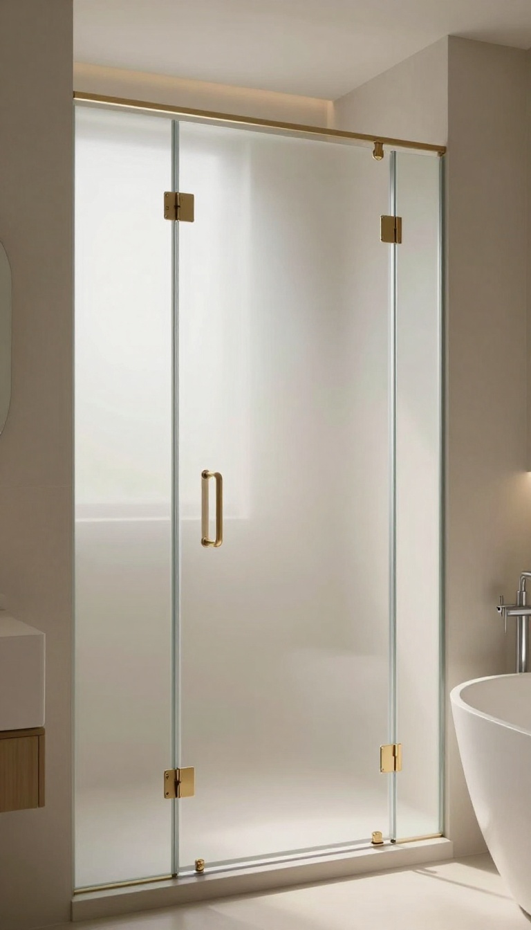 Modern bathroom with satin finish frosted glass shower door and brushed brass fixtures