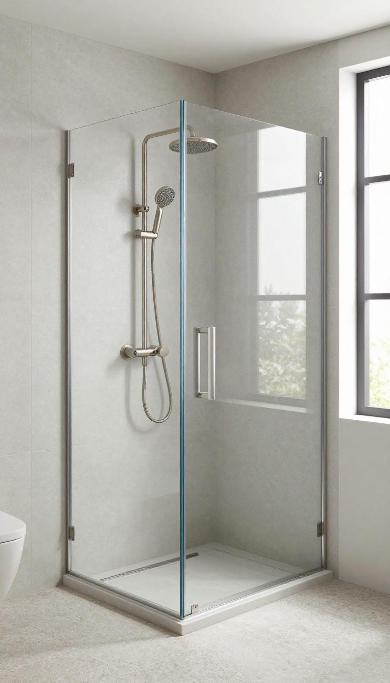 Corner walk-in shower with two showerheads and a built-in bench in a bright, modern bathroom