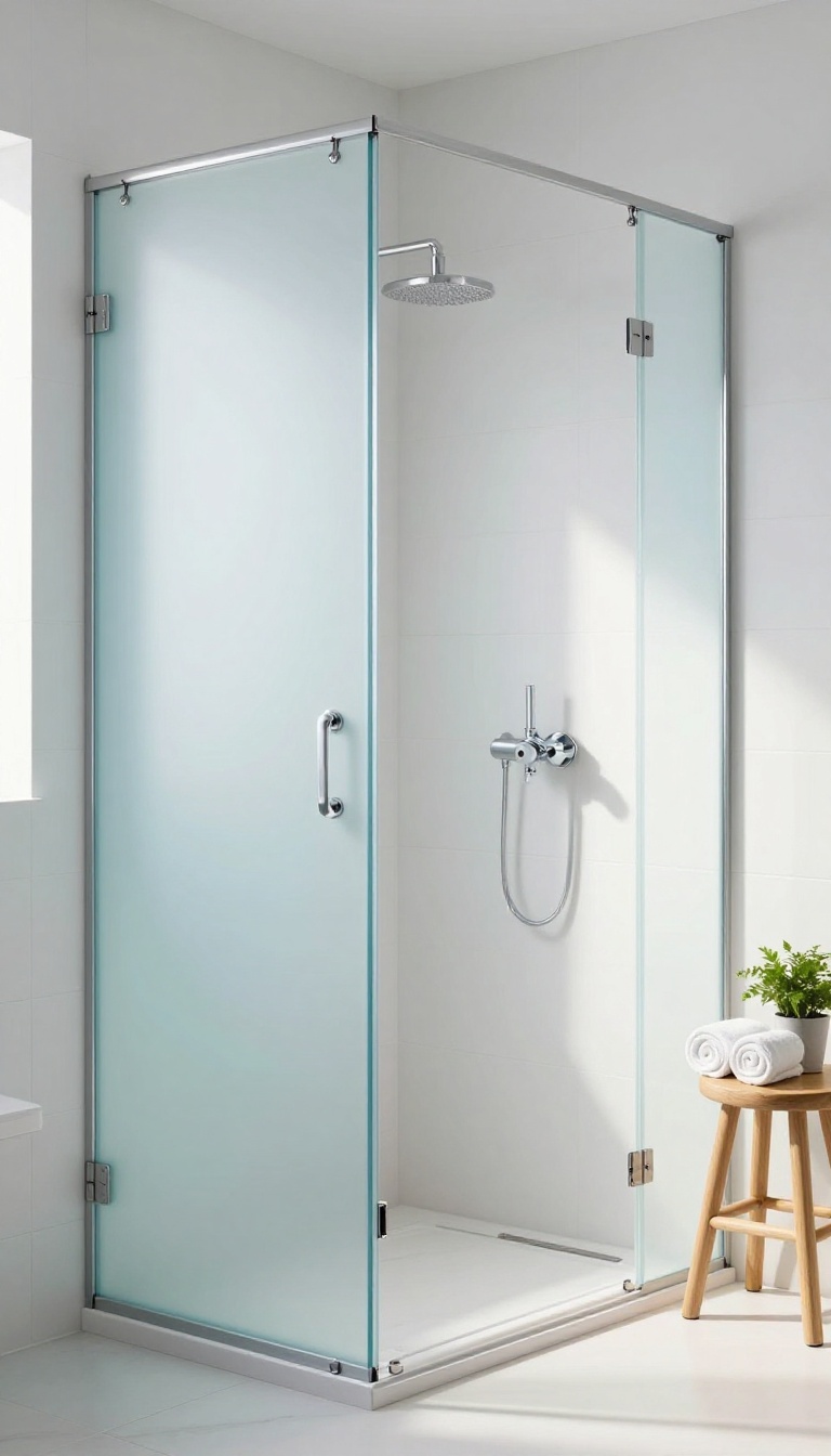 Bathroom with pale blue tinted frosted glass shower door, spa-like ambiance