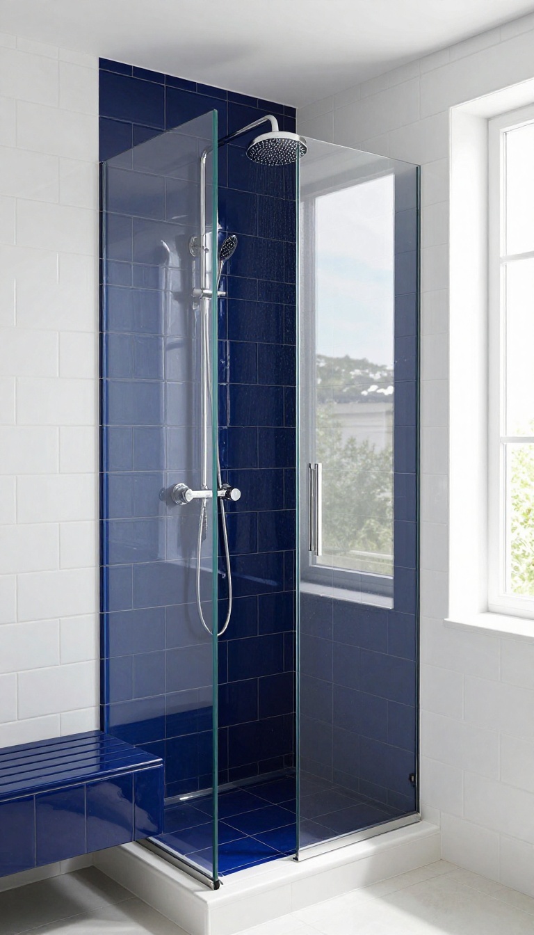 Modern bathroom shower with a built-in bench featuring contrasting navy blue tiles against white subway tile walls