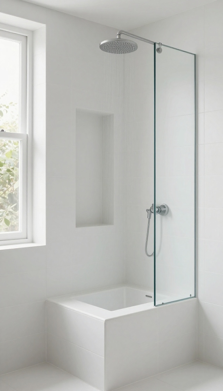 Large white tile shower with built-in niche and bench, seamless design
