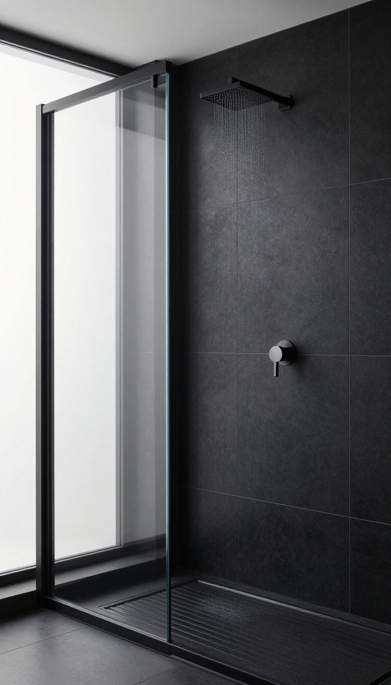 Modern walk-in shower with large-format matte black tiles, featuring a rainfall showerhead and glass enclosure, in a bright, minimalist bathroom.