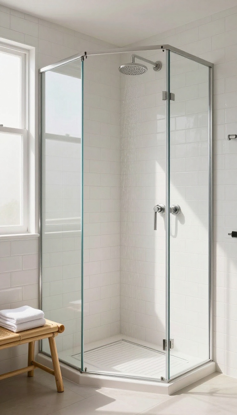 White tile shower with a built-in bench, natural light, spa-like bathroom interior