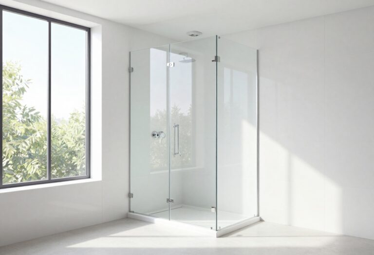 Bright modern shower with glossy white wall panels