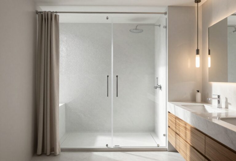 Modern bathroom with glass shower door and fabric curtain
